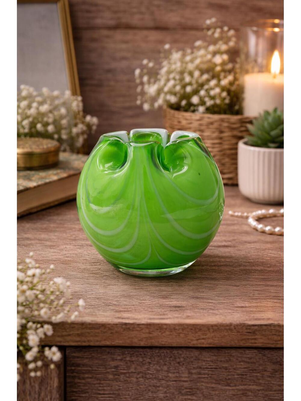 Vintage Green Art Glass Rose Bowl Vase White Swirl Hand Blown Murano Style